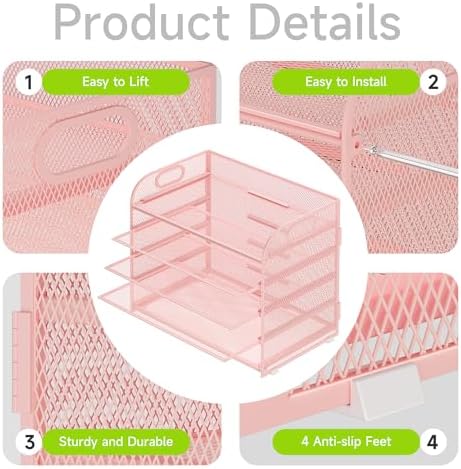 Cawukege 2 Pack 5 Tier Paper Organizer, Letter Tray with Handle, Mesh Desk Organizer, Metal File Organizer, Office Desk Accessories for Home, Office, Classroom, School (Pink, 2) - Image 4