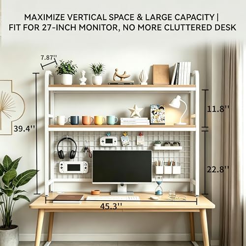 Desktop Bookshelf with Pegboard, 2-Tier Desk Hutch Storage Organizer Rack, Metal Frame & Wood Board, for 27-inch Monitor, Home Office & Dorm，White,45.3" W - Image 2