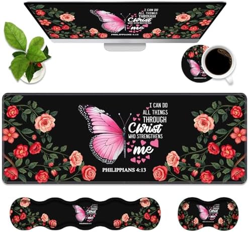 Ergonomic Memory Foam Mouse Pad Wrist Rest Set, Large Desk Pad + Keyboard Wrist Rest + Mouse Wrist Cushion + Coaster for Home Office Study Gaming, Floral Butterfly Quotes Bible Verse Philippians 4:13 by Unknown