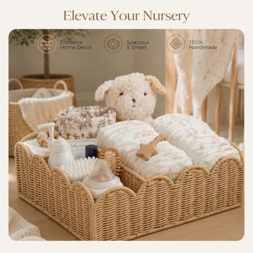 Wicker Diaper Caddy Organizer, Nursery Storage Basket for Diapers and Baby Wipes, Baby Essentials Organizer for Changing Table, Splinter Free Rattan Style (Natural, XL) - Image 2