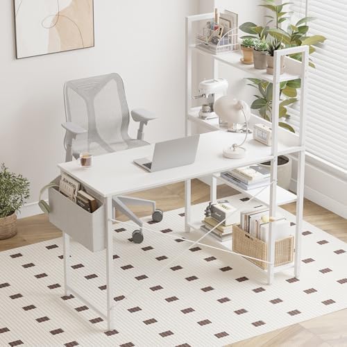 Treesland 47 Inch Computer Desk with Bookshelf, Corner Desk with Storage, L Shaped Desk, Home Office Desks, Writing Study Desk for Bedroom, White - Image 4
