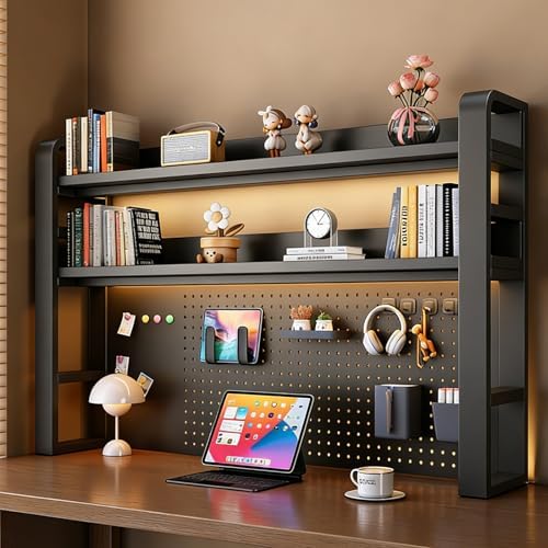 Desk Shelf - Includes a Pegboard and a Free 31-Piece Storage Accessory Set, Desk Hutch, Adjustable Hutch for Home Office Dorm (3-Tier Black Frame + Black Board 21.7×9.8×36.6") by Unknown