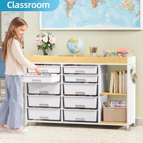 10 Drawer Storage Cabinet with Height-Adjustable Shelves & Wood Top, White - Image 2