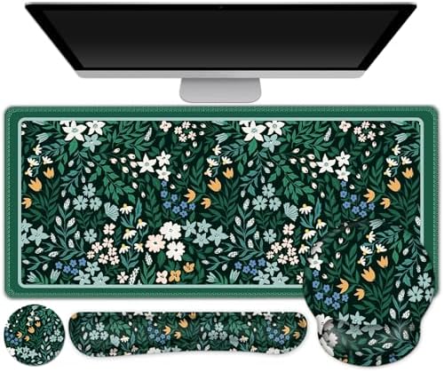 ARTSO XXL Large Gaming Mouse Pad with Wrist Rest, Ergonomic Mouse Pad, Keyboard Wrist Rest, Home Office Desk Accessories, Green Flower Plants by Artso