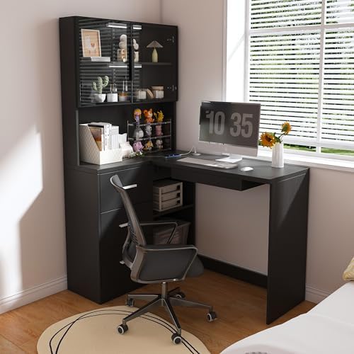 43.3" Black L Shaped Office Desk with Glass Cabinets and Drawers by Varelynn