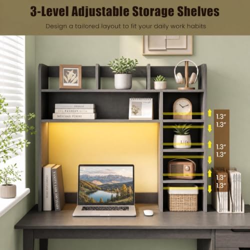 GOFLAME Desk Hutch, 8 Shelves Desktop Bookshelf, 31.5”, Gray - Image 5