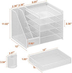 Marbrasse Desk Organiser with File Holder, 5-Tier Paper Letter Tray Organiser with Drawer and 2 Pen Holder, Mesh Desktop Organizer and Storage with Magazine Holder for Office Supplies(White) - Image 6