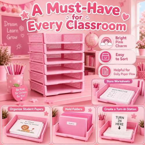 6 Pcs Pink Turn in Trays Classroom, Stackable Paper Bins for Classroom, 13x9x2.8 inch Plastic Baskets Desktop Organization System Office (Pink) - Image 5