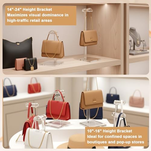 2 Pcs Acrylic Purse Display Stands, 10"-16" and 14"-24" Adjustable Height Handbag Stands for Display, Bag Table Holder, Clear Purses Hanging Rack for Closet Retail Vendor Wallet Jewelry Necklac - Image 5
