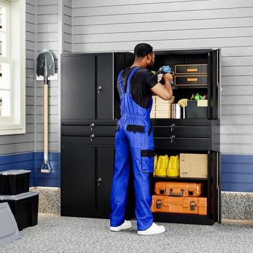 Yizosh Metal Garage Storage Cabinet with Locking Doors and Adjustable Shelves, 71" Tool Storage Cabinet with 2 Drawer for Garage,Warehouse - Image 2