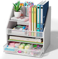 Homsorout Wooden Desk Organizer - Mesh File Organizer with Drawers and Pen Holder - 4-Tier Vertical Paper Letter Storage Tray, Desktop Organizers and Accessories for Home Office （White by Homsorout