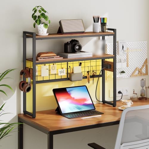 HOOBRO Desktop Bookcase, 2-Tier Desktop Organizer, 29.9" Wooden Office Storage Rack with Outlets, Display Shelf Rack with Light Strip, Desk Hutch for Office, Rustic Brown BF11UDSJ01 - Image 2