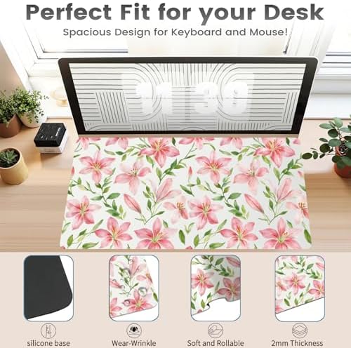 Watercolor Lily Office Desk Mat 31.5" x 15.7" Desktop Mat PU Leather Large Mouse Pad White Mousepad Non-Slip Table Mat for Girls, Women, Home, Work, Computer, and Gaming - Image 3