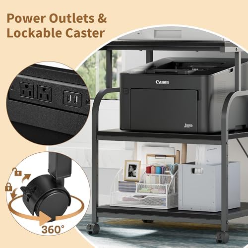 VECELO Adjustable Large Printer Stand with Power Outlet, 3-Tier Heavy Duty Cart on Lockable Wheels, Office Storage Table for Home Office, 3D Printer, Fax Machine, Scanner, Classic Black - Image 4