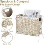 BTSKY Handwoven Magazine Holder, Natural Seagrass Magazine Basket with Metal Rack, Mail Holder Floor Organizer for Office, Living Room, Dorm, Bathroom, Woven Rattan File Basket with Handle (White) - Image 4