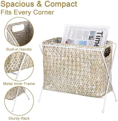 BTSKY Handwoven Magazine Holder, Natural Seagrass Magazine Basket with Metal Rack, Mail Holder Floor Organizer for Office, Living Room, Dorm, Bathroom, Woven Rattan File Basket with Handle (White) - Image 4