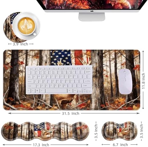 Mouse Pad,Large Desk Mat Set, 4in1 XL Mousepad + Keyboard Wrist Rest+Mouse Wrist Rest+Coaster with Ergonomic Desk Pad for Home Office Table Computer Cover -American Flag and Deer - Image 6