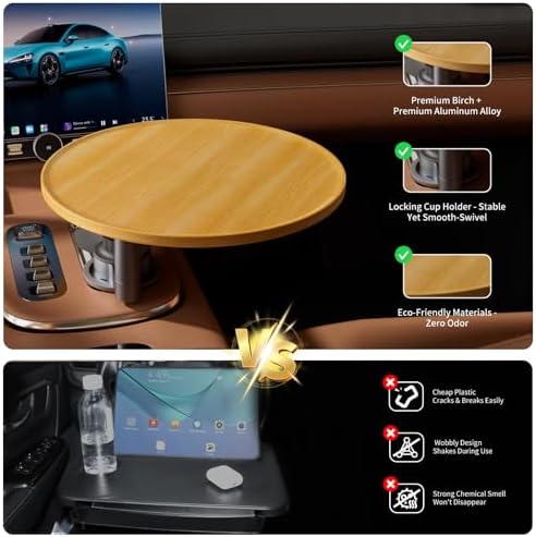 Car Tray & Car Desk for Laptop, 360° Rotating Wood Cup Holder Table, Steering Wheel Tray, Car Accessories for Women & Men,Compatible with Tesla Model Y/3/S, Ford F150/Explorer/Maverick & Most Vehicles - Image 4
