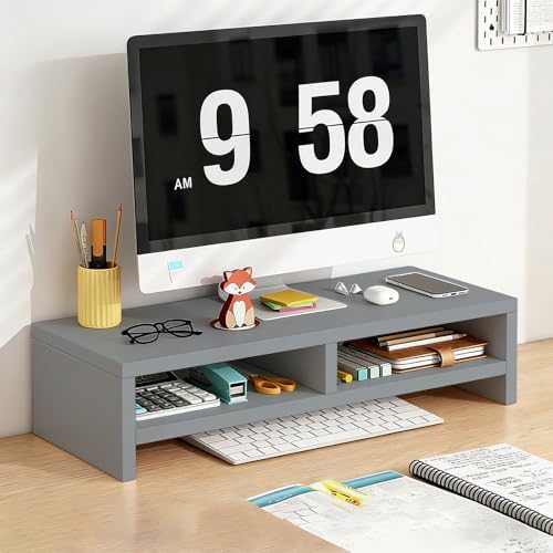 Solid Wood Monitor Stand Riser & Laptop Stand Desk Organizer - Office Accessories for PC Workspace, Computer Organization, Countertop Hutch Light Grey 19.7x7.9x5.2in with divider by Unknown