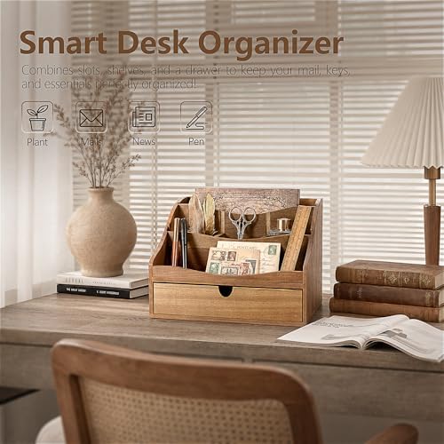Rebee Vision Acacia Wood Mail Organizer for Desk with Drawer, Brown - Image 3