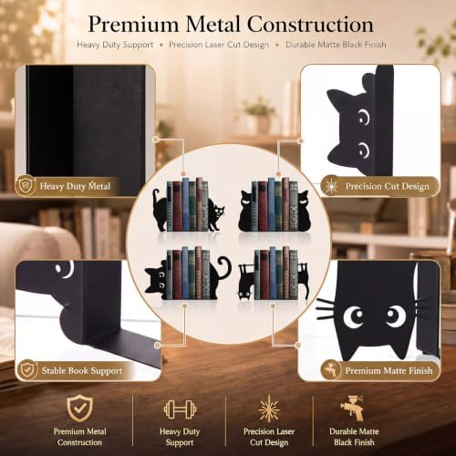 Geelin 8 Pcs Cat Bookends Halloween Black Cat Metal Bookshelf Home Decor - Image 3