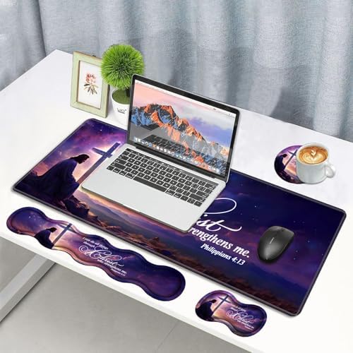 4 in 1 Ergonomic Memory Foam Mouse Pad Wrist Rest Set, Large XXL Gaming Desk Pad + Keyboard Wrist Rest + Mouse Wrist Cushion + Coaster for Home Office Study Gaming, Bible Verse Philippians 4:13 - Image 7