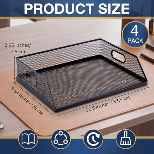 4 Pcs Stackable Letter Tray Metal Paper Tray Desk Organizer, Black - Image 2