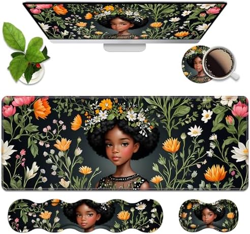 4 in 1 Ergonomic Memory Foam Mouse Pad Wrist Rest Set, Large XXL Gaming Desk Pad + Keyboard Wrist Rest + Mouse Wrist Cushion + Coaster for Home Office Study Gaming, African American Black Girl by Unknown