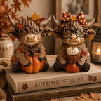 Karenhi 2 Pcs Fall Highland Cow Figurines Resin, Autumn Tabletop Decor - Image 3