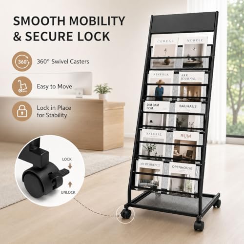 Magazine Rack Display Stand, 5-Tier Floor Standing Rack with Wheels - Image 3