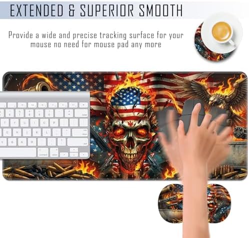 TGFEWYTJYJ Extended Gaming Mouse Pad,Memory Foam Ergonomic Keyboard Mouse Wrist Rest Support Set,Large Desk Mat with Stitched Edges,Non-Slip Base Mousepad Home Office,Flame Skull American Flag - Image 4