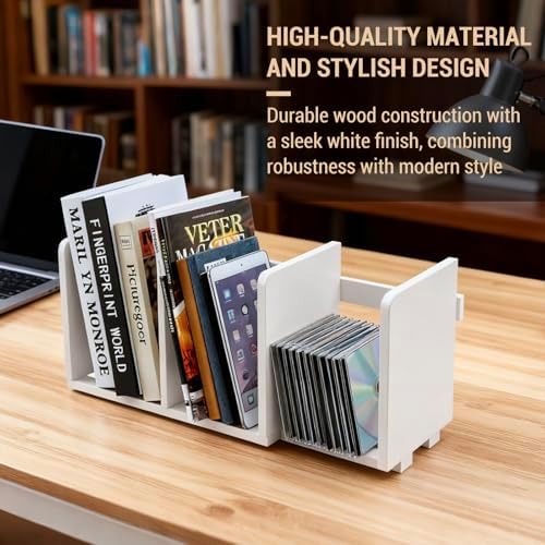 MyGift White Wood Desktop Bookshelf Organizer, Expandable Adjustable Rack - Image 5