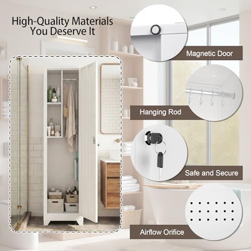 Slim Broom Closet Storage Cabinet, 65" H Metal Cabinets with Lock and Shelves & S-Hooks, Utility Storage Cabinet for Mop, Narrow Storage Cabinets for Pantry, Bathroom, Garage, White - Image 5