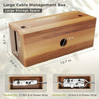 Large Cable Management Box Acacia Wood Cord Organizer Power Strip & Cables - Image 2
