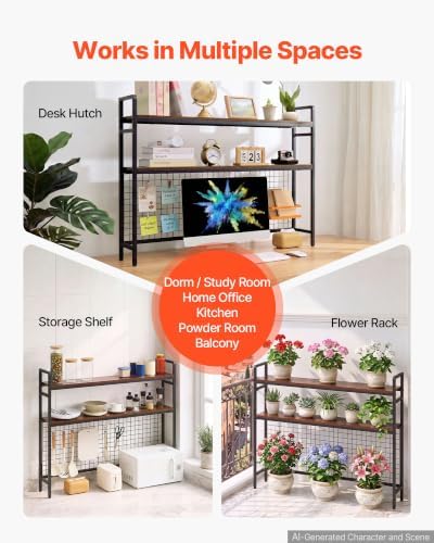 VEVOR 45.3"W Desk Shelf with Grid Panel, Desktop Bookshelf Storage Hutch for Computer Monitor, Metal Frame and Wooden Shelf, 2-Tier Countertop Display Rack, Desk Organizer Hutch for Dorm, Home, Office - Image 6