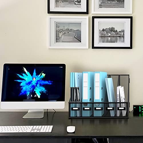 SUPEASY Desk Organizers Metal Desk Magazine File Holder with 16''x12''x12'' 5 Vertical Compartments Rack File Organizer for Office Desktop, Classroom, Home Workspace, Black Plus - Image 2
