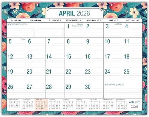Desk PAD: 22" x 17" Large Print Desk Pad Calendar, APR 2026 - DEC 2027, 21 Months, (Teal Floral) by ExcelloGlobalProducts
