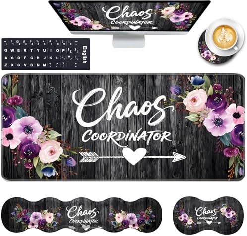 Keyboard Wrist Rest and Mouse Pad with Wrist Support Set Ergonomic Coaster,Memory Foam,Easy Typing Pain Relief,Large XL Desk Mat 31.5"x 11.8",Chaos Coordinator Quotes Vintage Watercolor Floral by CICPLKSE