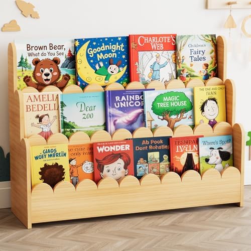SpaceAid 3-Tier Scalloped Bookshelf, Montessori Bookcase for Toddlers, Wooden Book Shelf Organizer Display Furniture for Kids Rooms, Playroom, Nursery and Classroom, 36.7“ Wide, Natural by SpaceAid