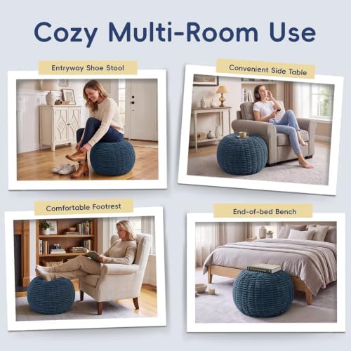 Hobestluk Stuffed Pouf Ottoman Footrest,Round Footstool,Small,Blue Grey - Image 6