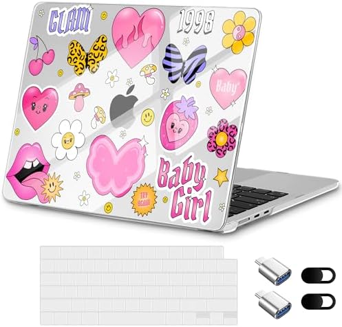 Case for MacBook Air 13.6 Inch M5 2026 M4 (2025) M3 (2024) & M2 (2022) - Coquette Aesthetic Clear Hard Shell Skin 6-in-1 Bundle with TPU Keyboard Cover, 2X USB-C Adapters, Y2K Pink Collage by Loyrina