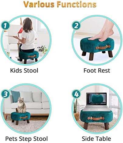 LUE BONA Small Curved Foot Stool with Handle, Teal Velvet Footstool and Ottomans, Modern Foot Rest with Wooden Legs, Step Stool with Padded Seat for Couch, Living Room - Image 6