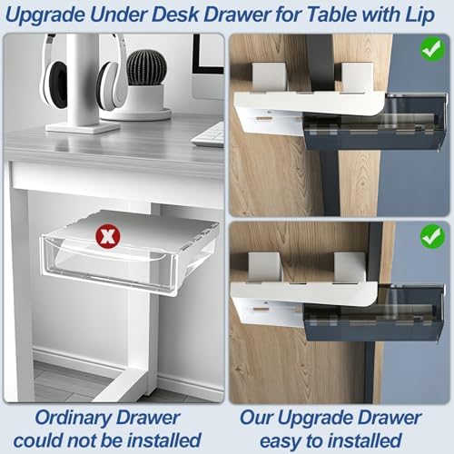 SVNNELP Upgrade Under Desk Drawer for Table with Lip,2 Pack Large & Medium,Slide Out Attachable Drawer for Under Desk Storage Organizer(ClearBlack/LM) - Image 3