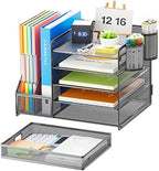 Marbrasse 5-Tier Paper Letter Tray Organizer with Drawer and Pen Holder, Mesh Desktop Organizer and Storage with Magazine Holder for Office Supplies (Grey) - Image 2