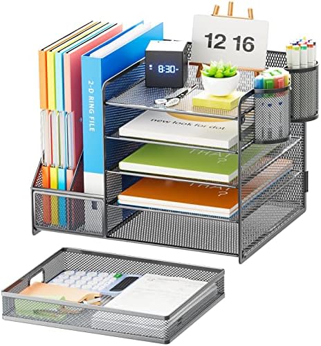 Marbrasse 5-Tier Paper Letter Tray Organizer with Drawer and Pen Holder, Mesh Desktop Organizer and Storage with Magazine Holder for Office Supplies (Grey) - Image 2