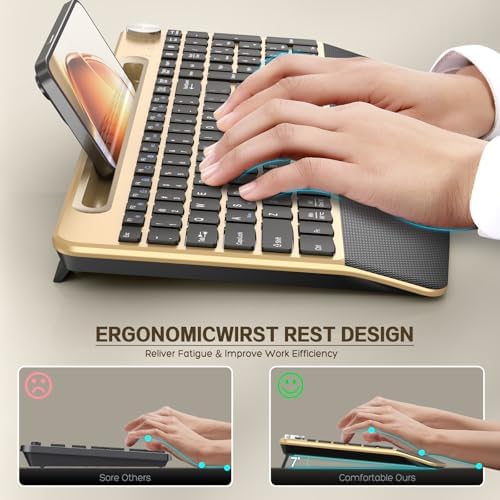 JOYACCESS Ergonomic Wireless Keyboard with Wrist Rest, Phone/Tablet Holder,Windows & Mac OS, 2.4 GHz Wireless, Full-Size,Quiet Keyboard Compatible for Laptop,PC, Mac, Windows -Black Glod - Image 2