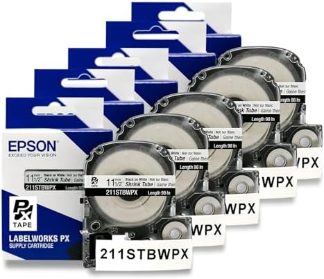 Epson LABELWORKS 211STBWPX-5PK Heat Shrink Tube - Black on White - 11mm by EpsonLABELWORKS