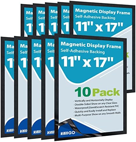 11"x 17" Self Adhesive Magnetic Sign Holder, Double Sided Window Magnetic Display Frame, Peel and Stick Picture Frames for Office/Home/Store/Door/Glass/Wall Display (Black,10Pack) by VAIIGO