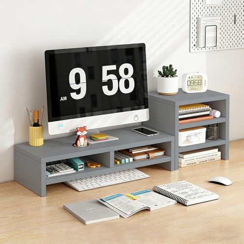 Solid Wood Monitor Stand Riser & Laptop Stand Desk Organizer - Office Accessories for PC Workspace, Computer Organization, Countertop Hutch Light Grey Combination 3 by Unknown