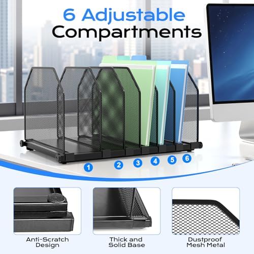 Adjustable File Organizer for Desk, 6 Sections Vertical File Folder Holders - Image 3